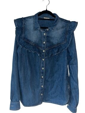 Anthropologie Pilcro Cotton Ruffled Denim Buttondown Shirt | Medium